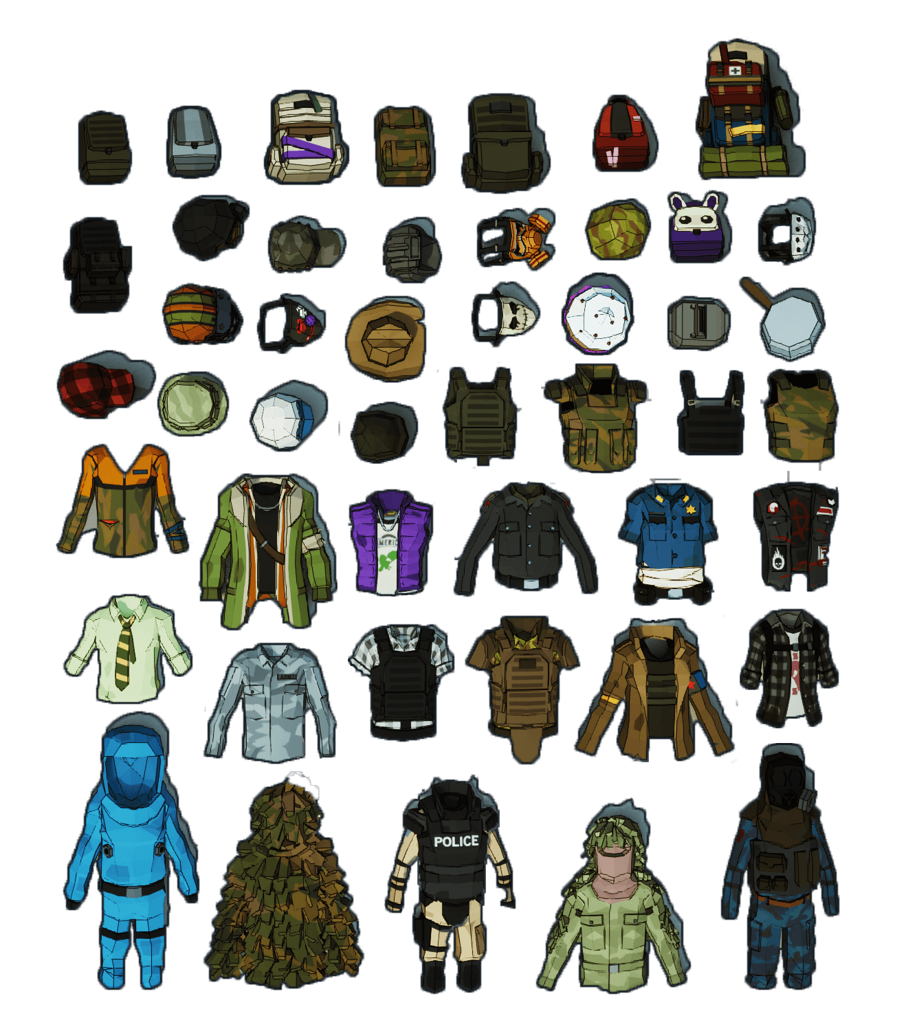The different clothing options in out indie zombie game.