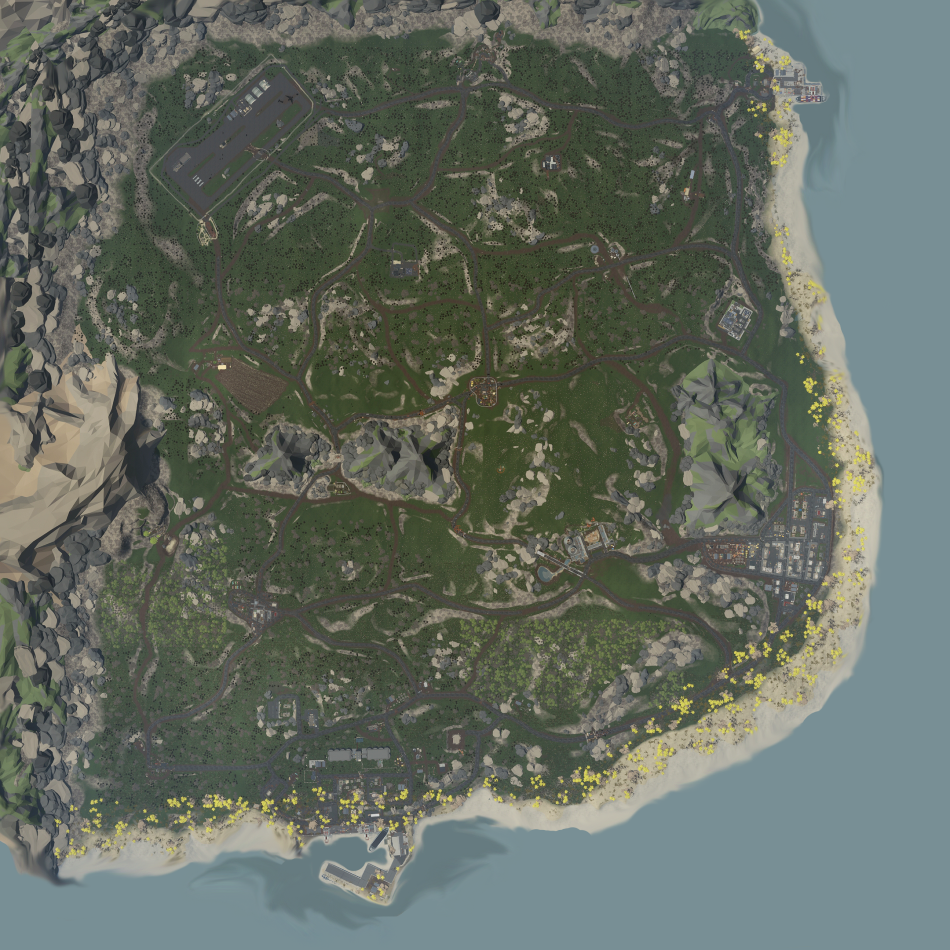 The sky view of the updated island map for Zombie Survival Game Online.