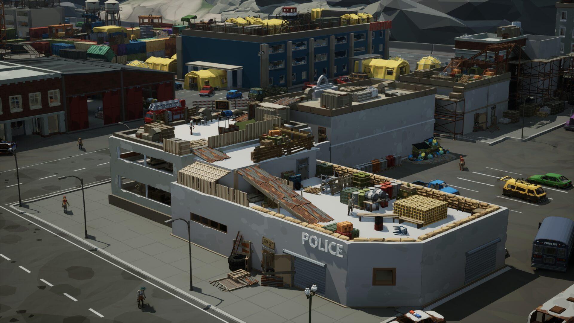 Overview shot of the police station in the coastal city.