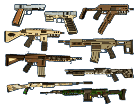 A lineup of the current weapons you can use in the videogame ZSGO.