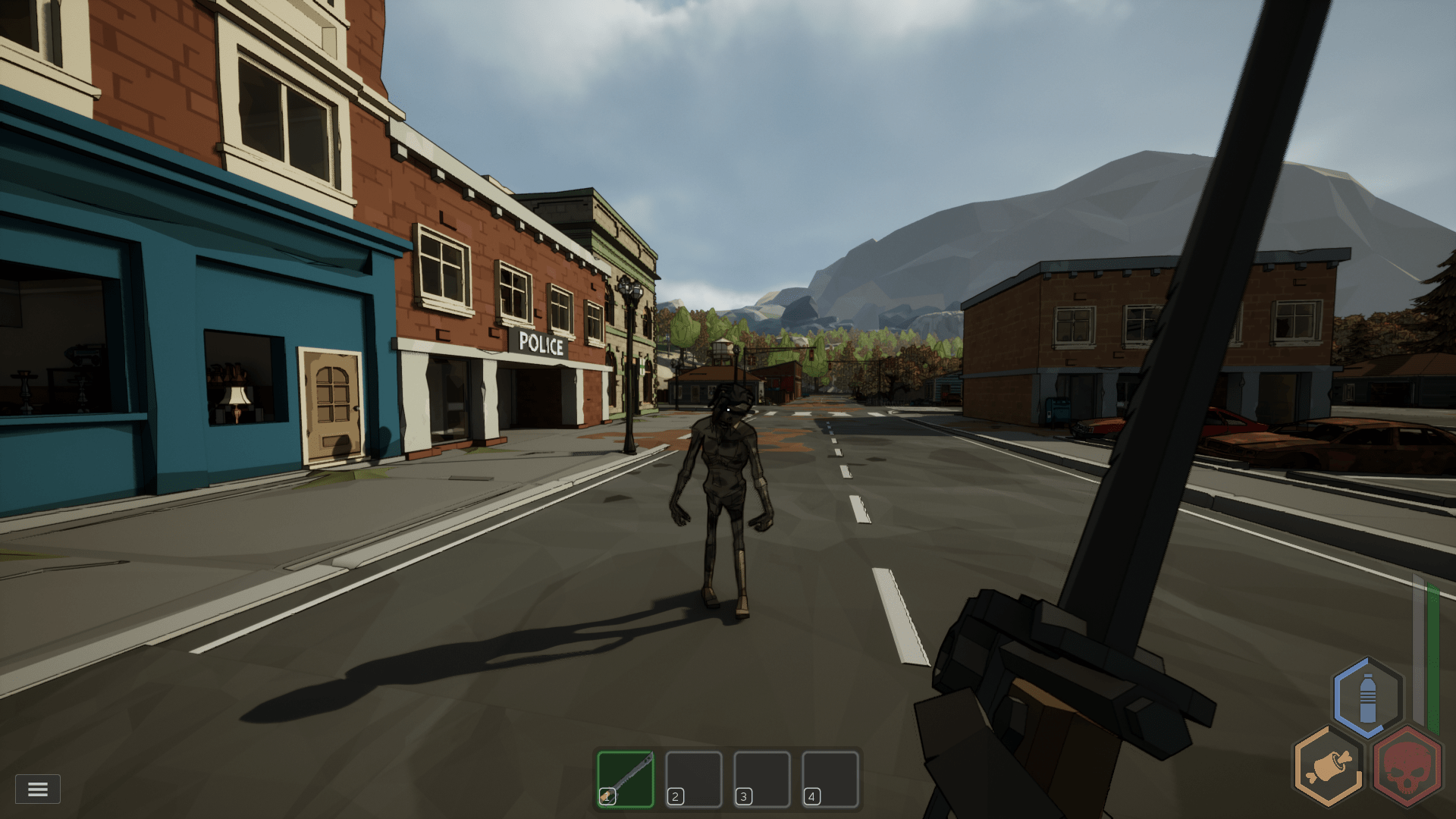 Zombie attacking player with big machete in small town.