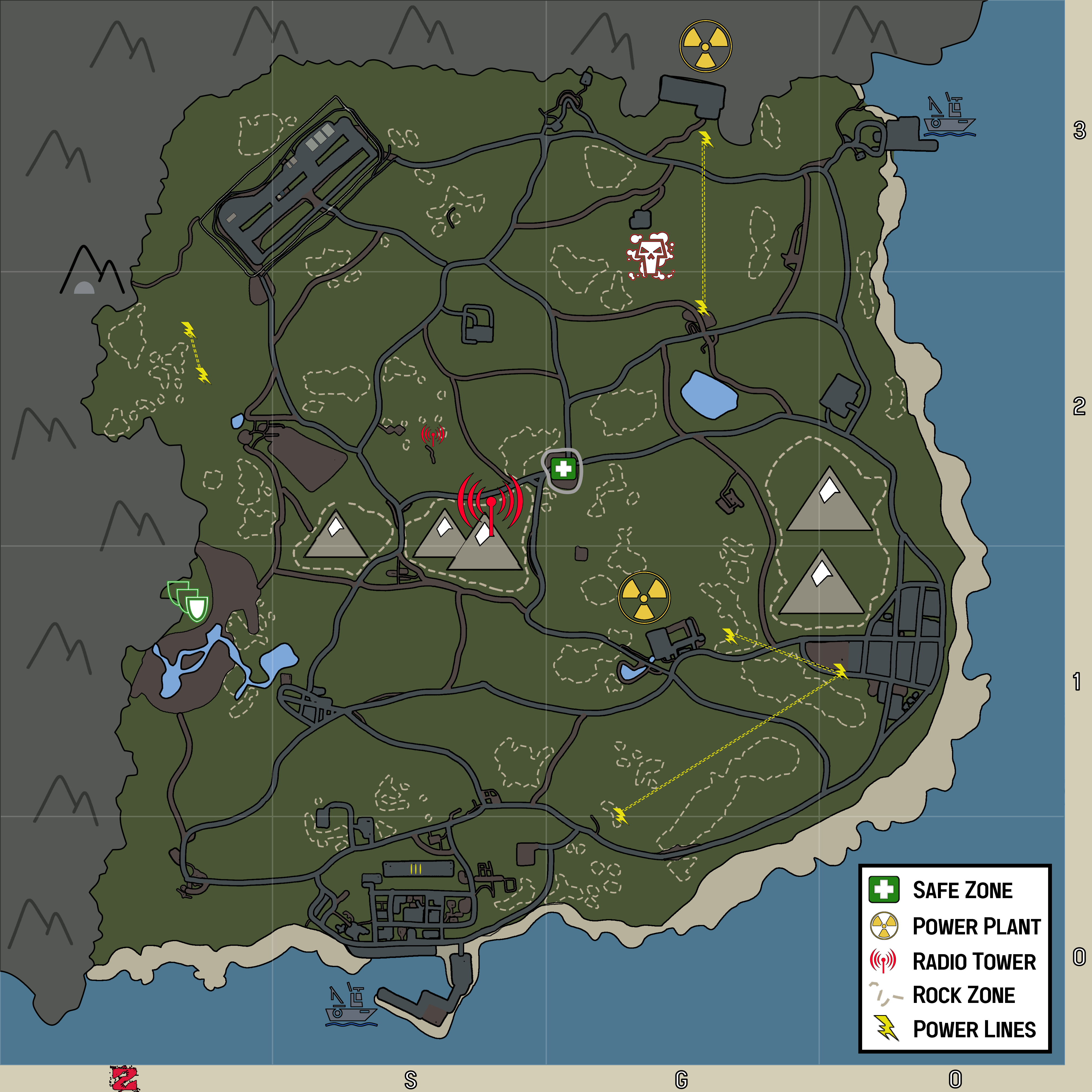 The in-game map for Zombie Survival Game Online. This map has references to landmarks and points of interest in the game.